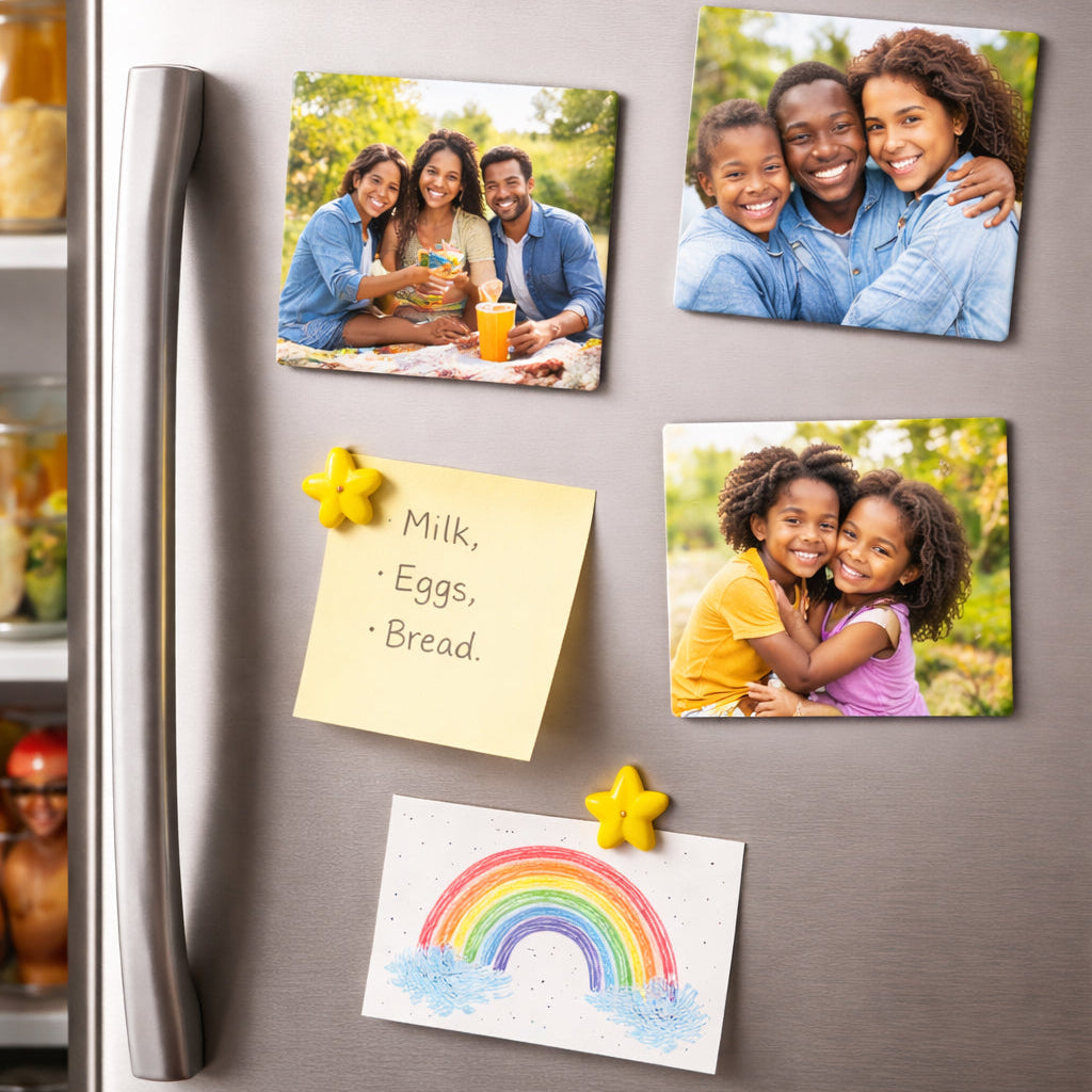 Fridge with family photos and notes attached as magnets
